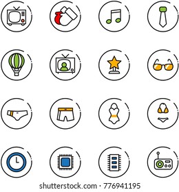 line vector icon set - tv vector, gloves, music, tie, air balloon, news, award, sunglasses, swimsuit, clock, cpu, chip, radio