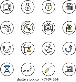 line vector icon set - tv vector, money bag, chest, encashment, phone horn, news, luck, ship bell, anchor, sand clock, sickle, awl, abacus