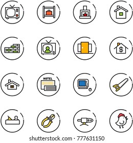 line vector icon set - tv vector, baggage room, fireplace, home, brick wall, news, doors, dollar, sea hotel, monoblock pc, saw, jointer, side cutters, pipe welding, chicken toy