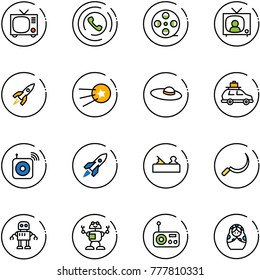 line vector icon set - tv vector, phone horn, film coil, news, rocket, first satellite, woman hat, car baggage, wireless speaker, jointer, sickle, robot, radio, russian doll
