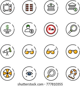 line vector icon set - tv vector, plane seats, bank, account, no truck overtake road sign, magnifier, telescope, sunglasses, parasol, eye scanner, teethers