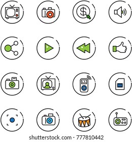 line vector icon set - tv vector, camera, money click, volume medium, share, play, fast backward, like, news, music player, sim, record button, drum, radio