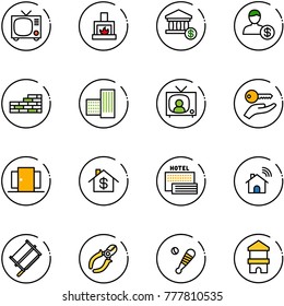 line vector icon set - tv vector, fireplace, account, brick wall, building, news, key hand, doors, home dollar, sea hotel, wireless, bucksaw, side cutters, baseball bat, toy block house