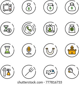 line vector icon set - tv vector, money bag, account history, phone horn, news, sand clock, microphone, luck, fort, ship bell, farm fork, plane toy, horse stick