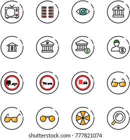 line vector icon set - tv vector, plane seats, eye, bank, account, no trailer road sign, cart horse, truck overtake, sunglasses, parasol, magnifier