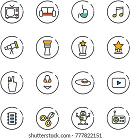 line vector icon set - tv vector, vip waiting area, stomach, music, telescope, award, victory, swimsuit, woman hat, playback, chip, scissors, robot, radio
