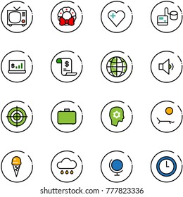 line vector icon set - tv vector, christmas wreath, heart, tonometer, account statistics, history, globe, low volume, target, case, brain work, lounger, ice cream, rain cloud, clock
