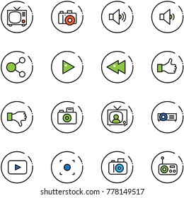 Line Vector Icon Set - Tv Vector, Camera, Volume Medium, Low, Share, Play, Fast Backward, Like, Dislike, News, Projector, Playback, Record Button, Radio