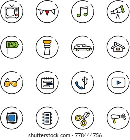 line vector icon set - tv vector, flag garland, music, telescope, ipo, award, limousine, home, sunglasses, terms plan, phone, playback, cpu, chip, scissors, dryer