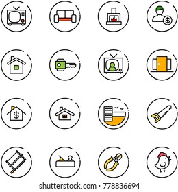 line vector icon set - tv vector, vip waiting area, fireplace, account, home, key, news, doors, dollar, hotel, saw, bucksaw, jointer, side cutters, chicken toy