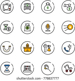 line vector icon set - tv vector, money chest, bag, encashment, account history, microphone, first satellite, luck, sand fort, ship bell, phone, clock, abacus, horse stick toy, wheel