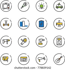 line vector icon set - tv vector, money torch, bulb, electric car, gyroscope, water power plant, battery, milling cutter, drill machine, Angular grinder, multimeter, jig saw, generator, dryer