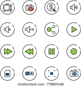 line vector icon set - tv vector, camera, money click, volume medium, low, off, share, play, fast forward, backward, pause, record, sim, projector, button