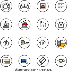 line vector icon set - tv vector, vip waiting area, baggage room, fireplace, house, home, key, dollar, hotel, sea, monoblock pc, bucksaw, pipe welding