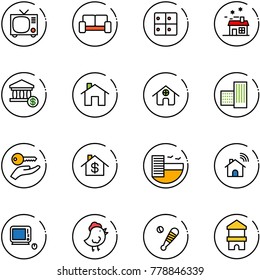 line vector icon set - tv vector, vip waiting area, baggage room, house, account, home, building, key hand, dollar, hotel, wireless, monoblock pc, chicken toy, baseball bat, block
