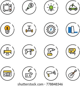 line vector icon set - tv vector, money torch, bulb, electric car, business idea, gyroscope, sun power, water plant, milling cutter, drill machine, jig saw, generator, welding, dryer, guitar