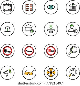 line vector icon set - tv vector, plane seats, eye, bank, account, no trailer road sign, cart horse, truck overtake, magnifier, telescope, sunglasses, parasol
