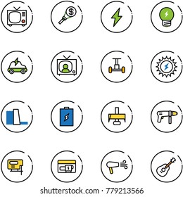 line vector icon set - tv vector, money torch, lightning, idea, electric car, news, gyroscope, sun power, water plant, battery, milling cutter, drill machine, jig saw, generator, dryer, guitar