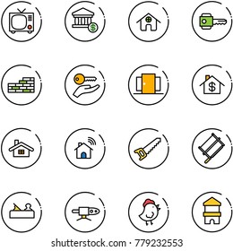 line vector icon set - tv vector, account, home, key, brick wall, hand, doors, dollar, wireless, saw, bucksaw, jointer, pipe welding, chicken toy, block house