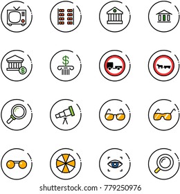 line vector icon set - tv vector, plane seats, bank, account, no trailer road sign, cart horse, magnifier, telescope, sunglasses, parasol, eye scanner