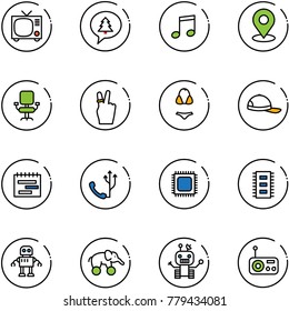 line vector icon set - tv vector, merry christmas message, music, map pin, office chair, victory, swimsuit, cap, terms plan, phone, cpu, chip, robot, elephant wheel, radio