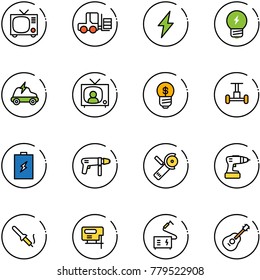 line vector icon set - tv vector, fork loader, lightning, idea, electric car, news, business, gyroscope, battery, drill machine, Angular grinder, soldering iron, jig saw, welding, guitar