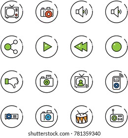 Line Vector Icon Set - Tv Vector, Camera, Volume Medium, Low, Share, Play, Fast Backward, Record, Dislike, News, Music Player, Projector, Drum, Radio