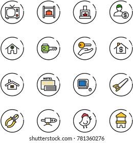 line vector icon set - tv vector, baggage room, fireplace, account, home, key, hand, dollar, sea hotel, monoblock pc, saw, side cutters, pipe welding, chicken toy, block house