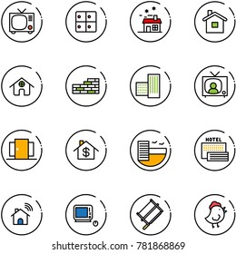 line vector icon set - tv vector, baggage room, house, home, brick wall, building, news, doors, dollar, hotel, sea, wireless, monoblock pc, bucksaw, chicken toy