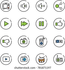 line vector icon set - tv vector, volume medium, off, share, play, fast forward, pause, like, dislike, camera, music player, projector, playback, drum, radio