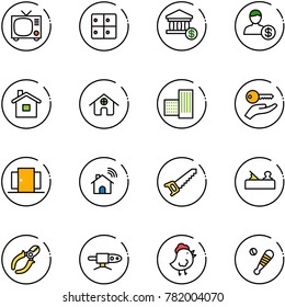 line vector icon set - tv vector, baggage room, account, home, building, key hand, doors, wireless, saw, jointer, side cutters, pipe welding, chicken toy, baseball bat