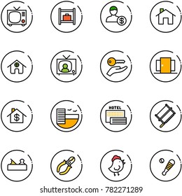 line vector icon set - tv vector, baggage room, account, home, news, key hand, doors, dollar, hotel, sea, bucksaw, jointer, side cutters, chicken toy, baseball bat