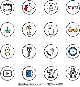 line vector icon set - tv vector, gloves, merry christmas message, flag garland, stomach, award, victory, sunglasses, swimsuit, piston, phone, clock, playback, cpu, robot