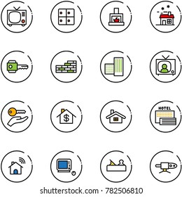 line vector icon set - tv vector, baggage room, fireplace, house, key, brick wall, building, news, hand, home dollar, sea hotel, wireless, monoblock pc, jointer, pipe welding