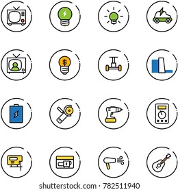 line vector icon set - tv vector, idea, bulb, electric car, news, business, gyroscope, water power plant, battery, Angular grinder, drill, multimeter, jig saw, generator, dryer, guitar