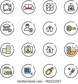 line vector icon set - tv vector, vip waiting area, baggage room, fireplace, account, home, key, building, news, dollar, hotel, sea, monoblock pc, side cutters, baseball bat