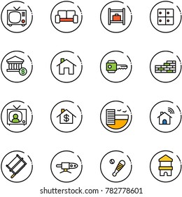 line vector icon set - tv vector, vip waiting area, baggage room, account, home, key, brick wall, news, dollar, hotel, wireless, bucksaw, pipe welding, baseball bat, toy block house