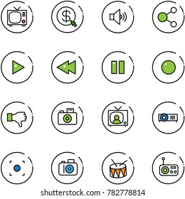 line vector icon set - tv vector, money click, volume medium, share, play, fast backward, pause, record, dislike, camera, news, projector, button, drum, radio