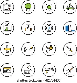 line vector icon set - tv vector, idea, bulb, electric car, news, gyroscope, sun power, water plant, milling cutter, drill machine, Angular grinder, soldering iron, generator, welding, dryer, guitar