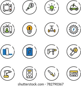 line vector icon set - tv vector, money torch, bulb, electric car, news, business idea, gyroscope, sun power, water plant, battery, drill machine, Angular grinder, multimeter, soldering iron