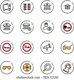 line vector icon set - tv vector, plane seats, bank, account, no trailer road sign, cart horse, truck overtake, telescope, sunglasses, parasol, magnifier, teethers