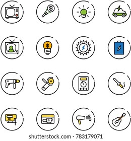 line vector icon set - tv vector, money torch, bulb, electric car, news, business idea, sun power, battery, drill machine, Angular grinder, multimeter, soldering iron, jig saw, generator, dryer