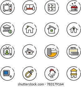 line vector icon set - tv vector, vip waiting area, baggage room, house, account, home, news, hotel, sea, monoblock pc, side cutters, chicken toy, block