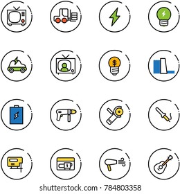 line vector icon set - tv vector, fork loader, lightning, idea, electric car, news, business, water power plant, battery, drill machine, Angular grinder, soldering iron, jig saw, generator, dryer