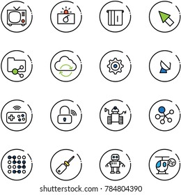 line vector icon set - tv vector, terrorism, atm, cursor, shared folder, refresh cloud, gear, satellite antenna, joystick wireless, lock, robot, molecule, circuit, screwdriver, helicopter toy