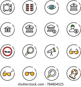 line vector icon set - tv vector, plane seats, eye, bank, account, no cart horse road sign, magnifier, telescope, sunglasses, teethers