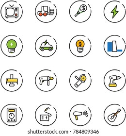 line vector icon set - tv vector, fork loader, money torch, lightning, idea, electric car, business, water power plant, milling cutter, drill machine, Angular grinder, multimeter, welding, dryer