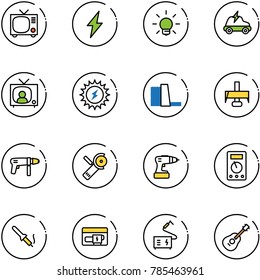 line vector icon set - tv vector, lightning, bulb, electric car, news, sun power, water plant, milling cutter, drill machine, Angular grinder, multimeter, soldering iron, generator, welding, guitar