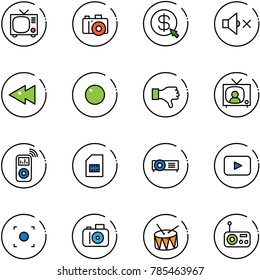 line vector icon set - tv vector, camera, money click, volume off, fast backward, record, dislike, news, music player, sim, projector, playback, button, drum, radio
