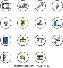 line vector icon set - tv vector, fork loader, money torch, lightning, bulb, business idea, gyroscope, water power plant, battery, milling cutter, drill machine, Angular grinder, multimeter, jig saw